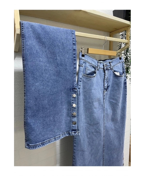 Yanları Düğmeli Kot Etek