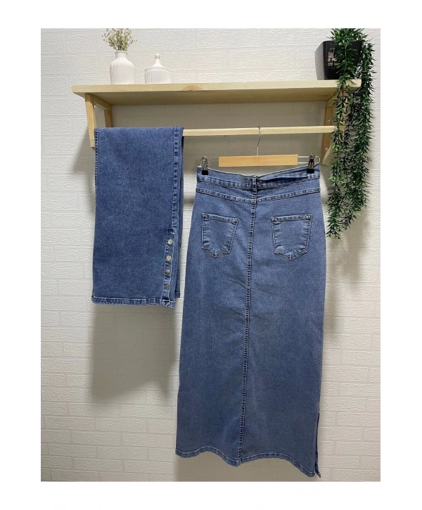 Yanları Düğmeli Kot Etek