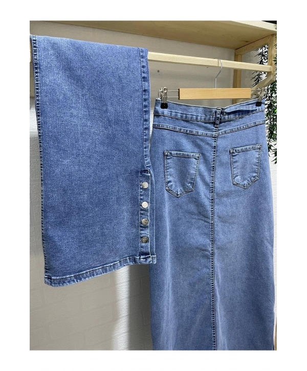 Yanları Düğmeli Kot Etek