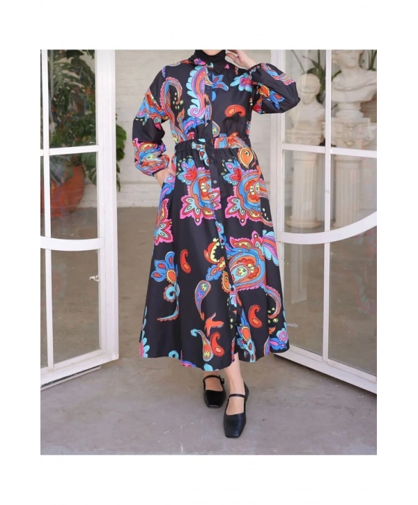 BYM DESENLİ BOYDAN DÜĞMELİ MUADİL ELBİSE