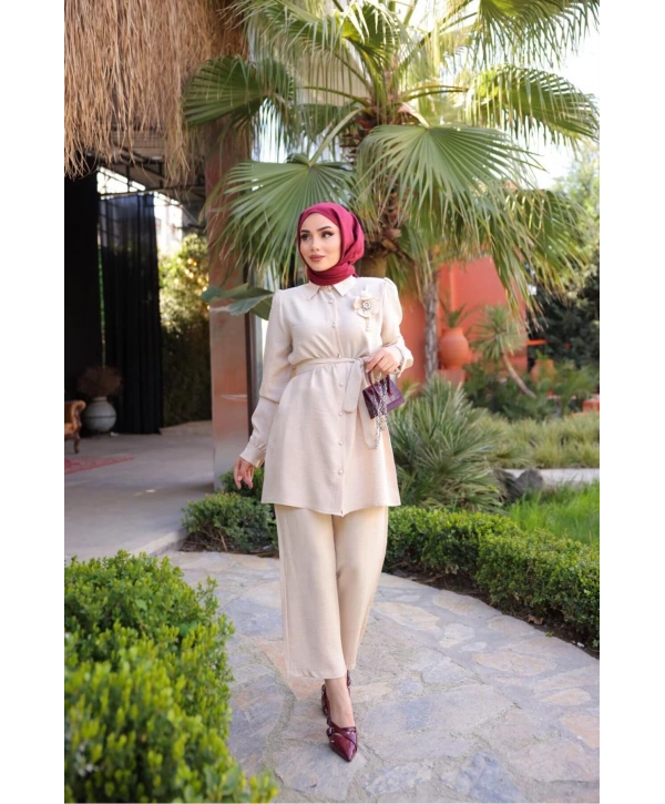 ÇİÇEK BROŞLU İKİLİ TAKIM PANTOLON TUNİK