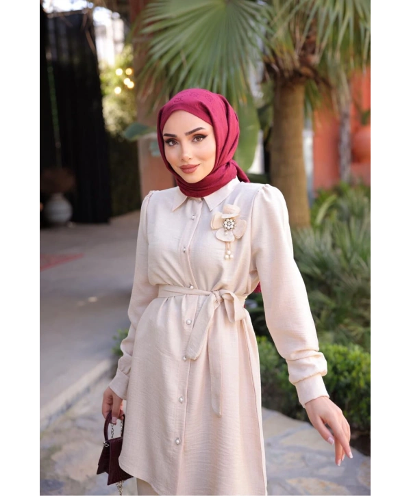 ÇİÇEK BROŞLU İKİLİ TAKIM PANTOLON TUNİK