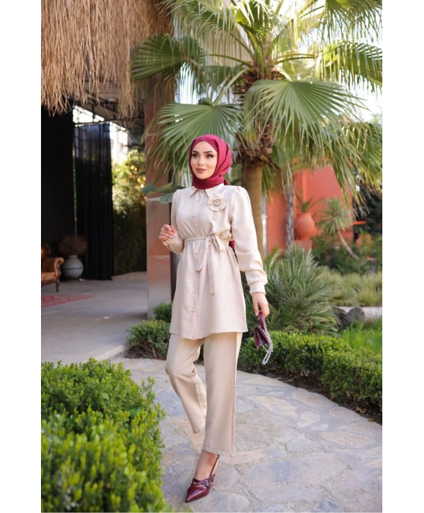 ÇİÇEK BROŞLU İKİLİ TAKIM PANTOLON TUNİK