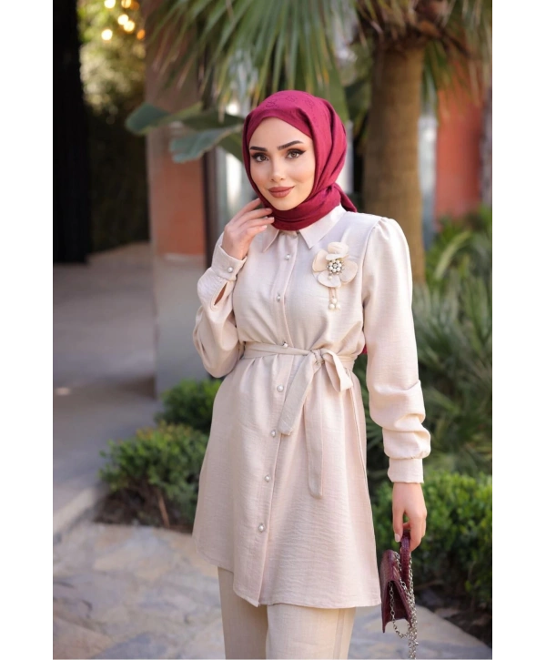 ÇİÇEK BROŞLU İKİLİ TAKIM PANTOLON TUNİK