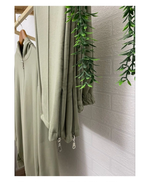 Paçası Fermuarlı Kapüşonlu Ikili Takım - Kadın Yeşil