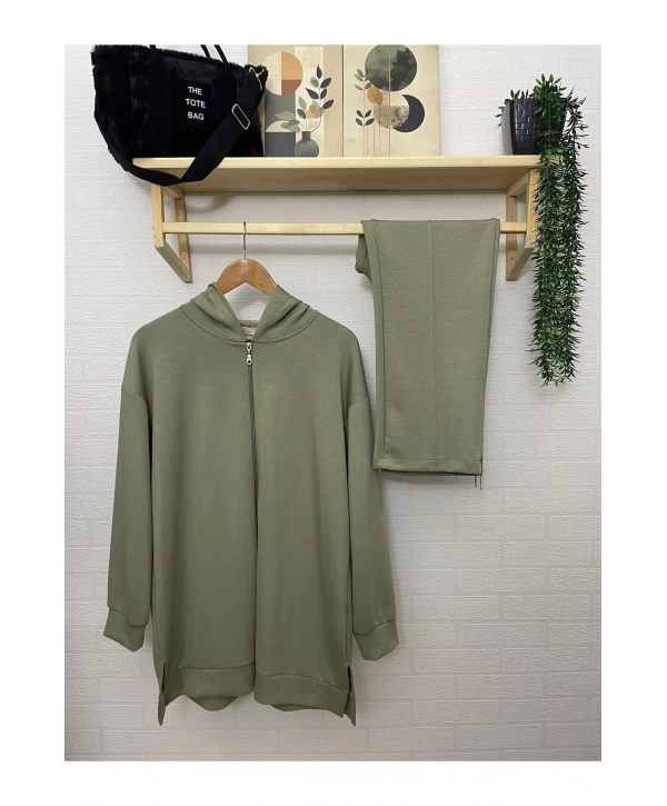 Paçası Fermuarlı Kapüşonlu Ikili Takım - Kadın Yeşil