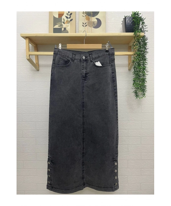 Yanları Düğmeli Kot Etek