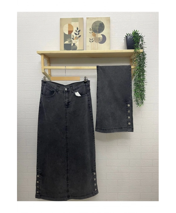 Yanları Düğmeli Kot Etek