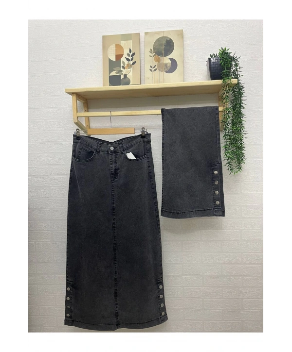 Yanları Düğmeli Kot Etek