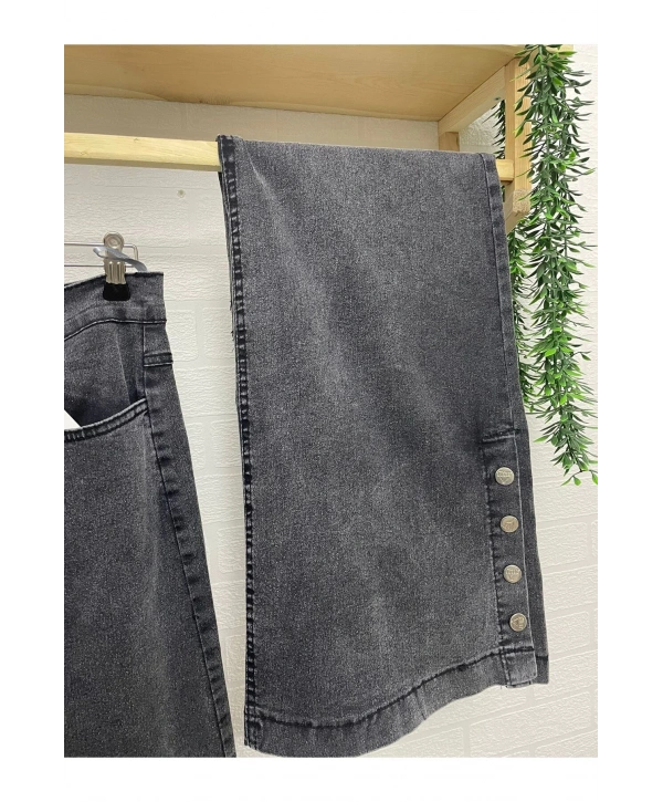 Yanları Düğmeli Kot Etek