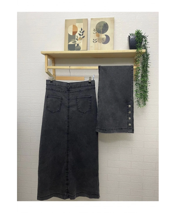 Yanları Düğmeli Kot Etek