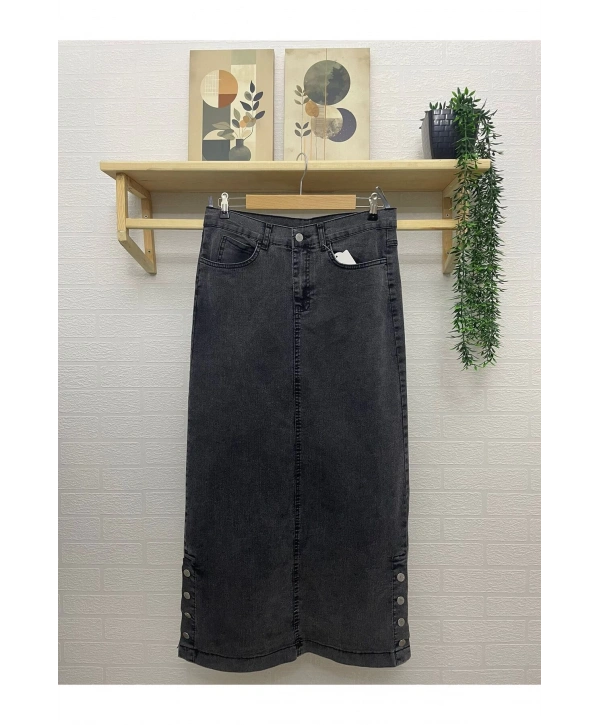 Yanları Düğmeli Kot Etek