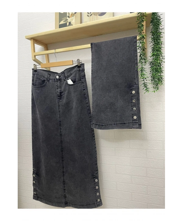 Yanları Düğmeli Kot Etek