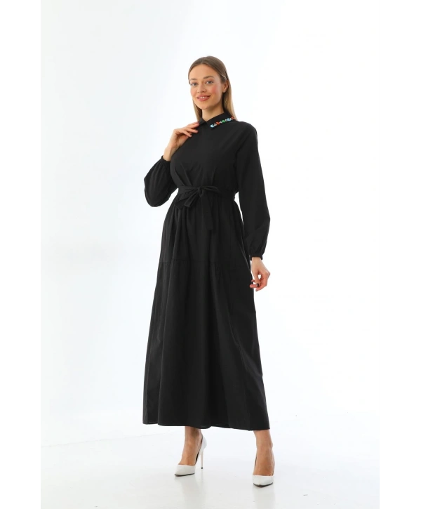 Yakası Taşlı Terrycotton Elbise Kadın