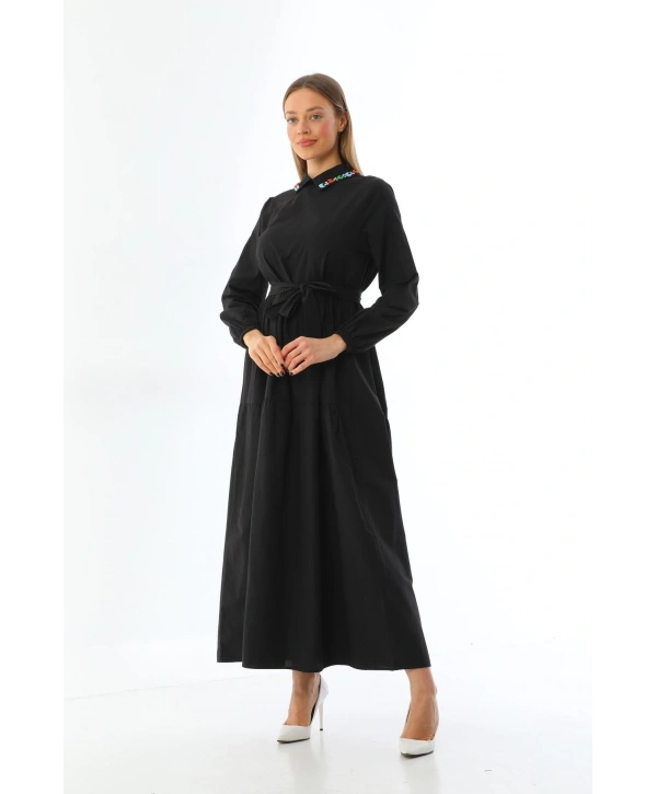 Yakası Taşlı Terrycotton Elbise Kadın