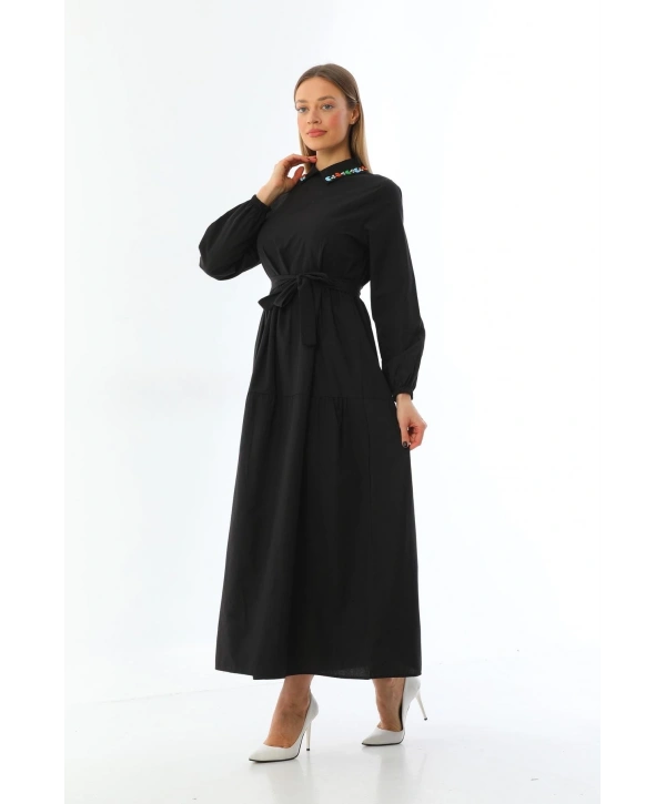 Yakası Taşlı Terrycotton Elbise Kadın