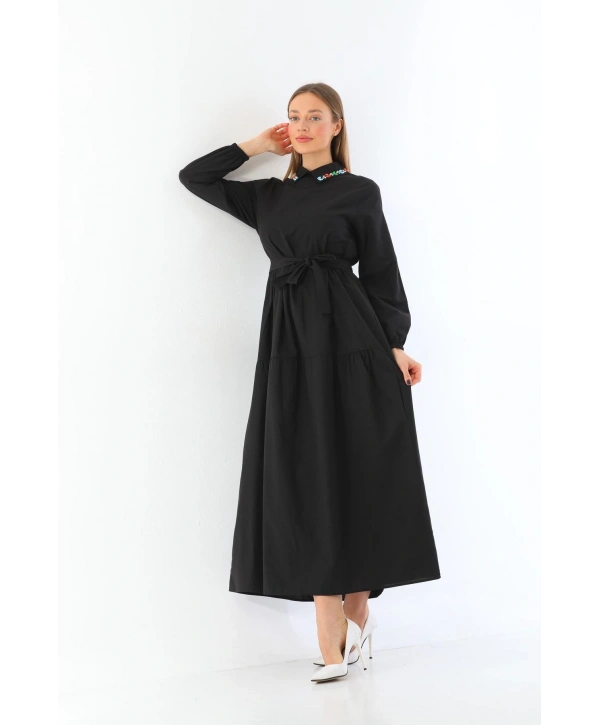 Yakası Taşlı Terrycotton Elbise Kadın