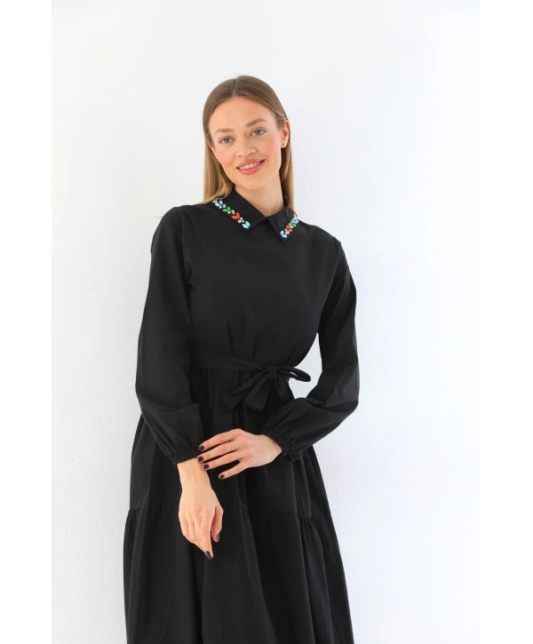 Yakası Taşlı Terrycotton Elbise Kadın