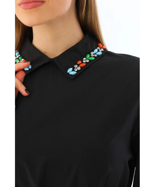 Yakası Taşlı Terrycotton Elbise Kadın