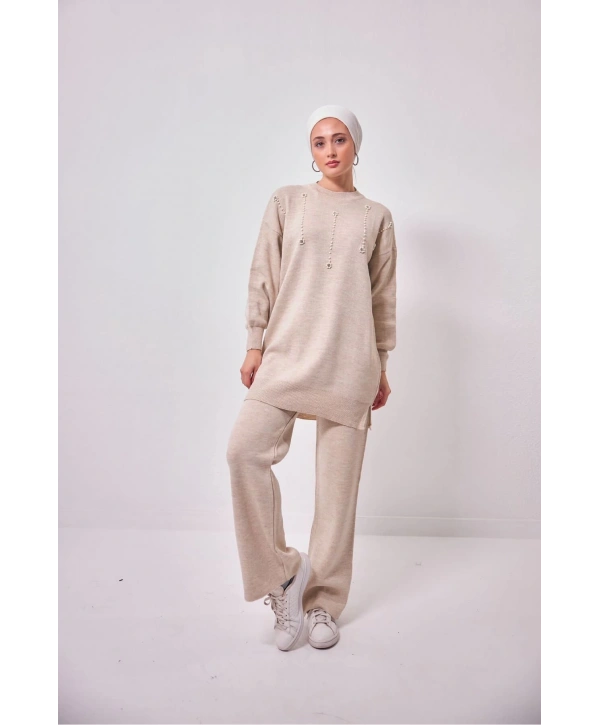 ÇİÇEK İNCİLİ KADIN TRİKO İKİLİ TAKIM