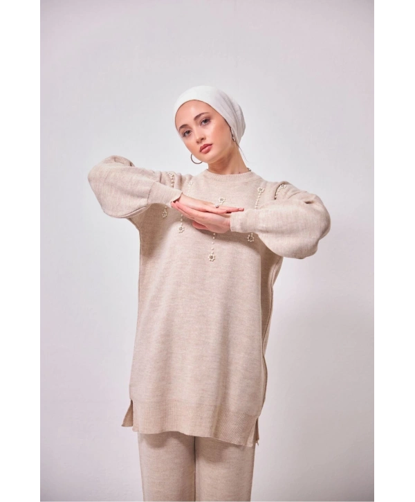 ÇİÇEK İNCİLİ KADIN TRİKO İKİLİ TAKIM