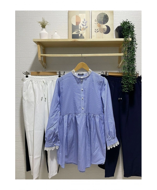 Dantel Yaka Çizgili Gömlek