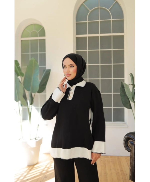 Çimalı Düğme Yakalı Triko Takım