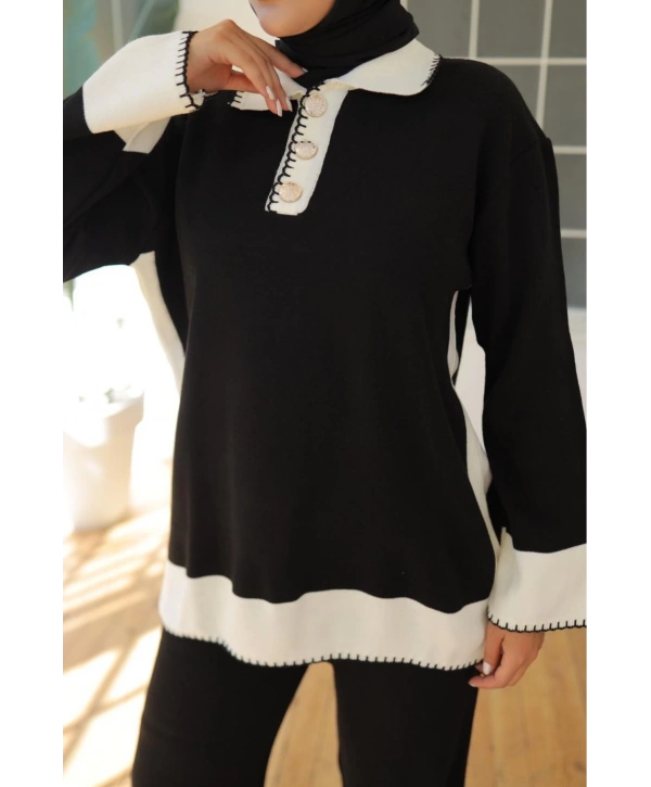 Çimalı Düğme Yakalı Triko Takım