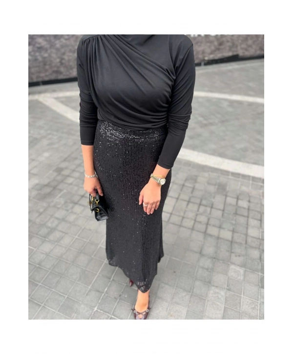 KADIN OMUZ VE BEL BÜZGÜLÜ UZUN KOLLU BLUZ