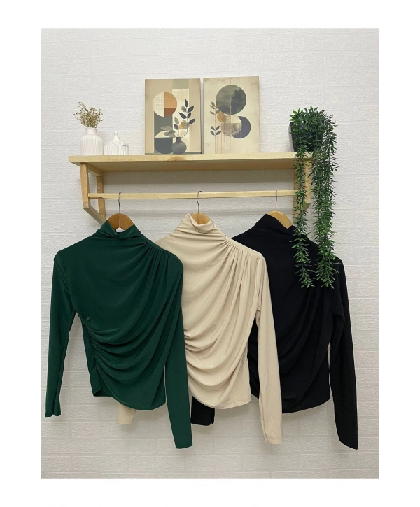 KADIN OMUZ VE BEL BÜZGÜLÜ UZUN KOLLU BLUZ