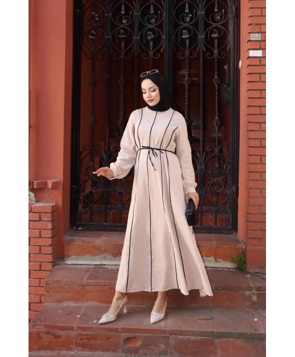 BİYELİ, PARÇALI, İNCE KUŞAKLI ELBİSE