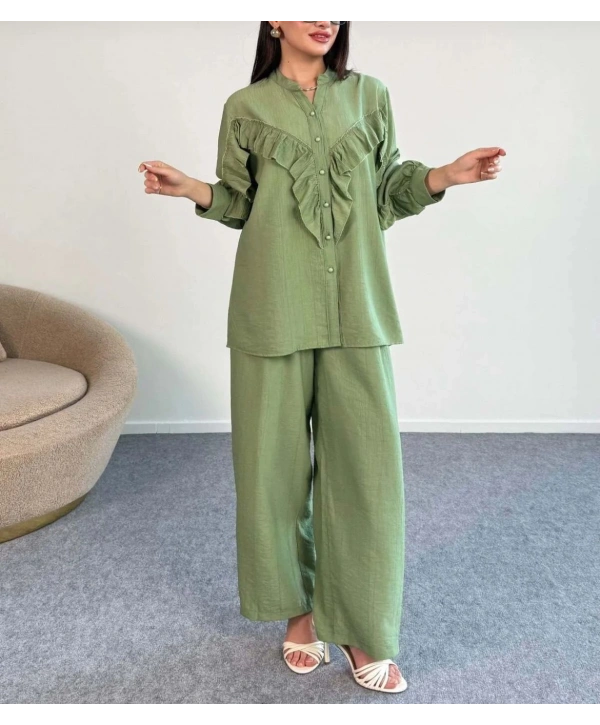 Fırfırlı İkili Pantolonlu Takım - Yeşil