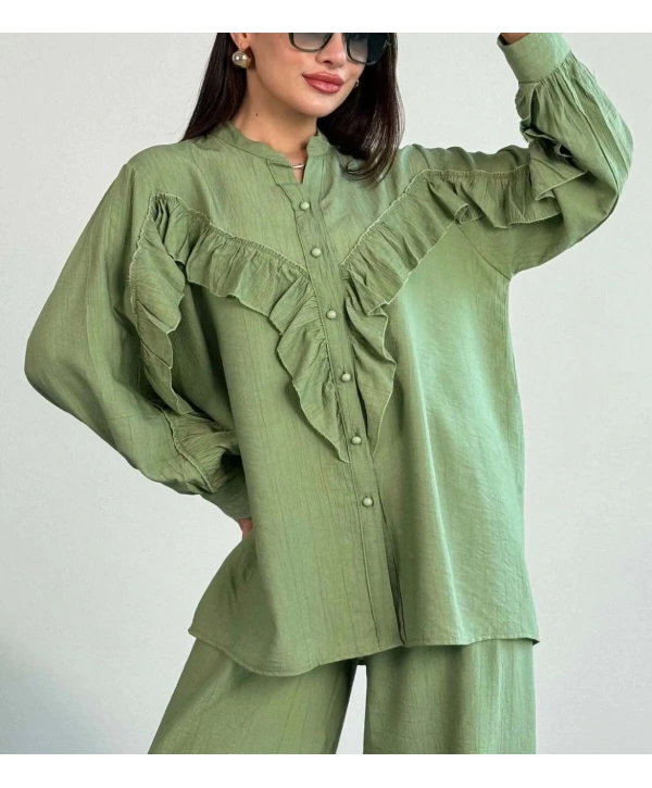 Fırfırlı İkili Pantolonlu Takım - Yeşil