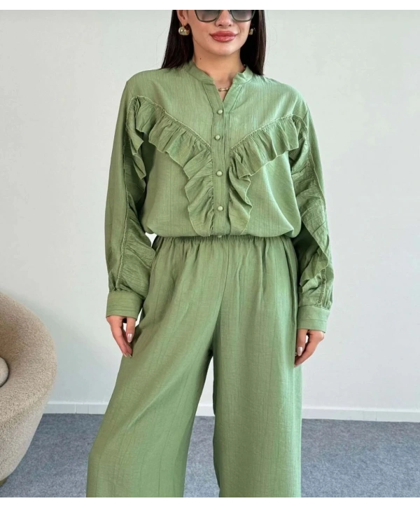 Fırfırlı İkili Pantolonlu Takım - Yeşil