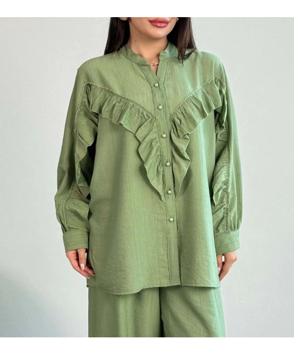 Fırfırlı İkili Pantolonlu Takım - Yeşil