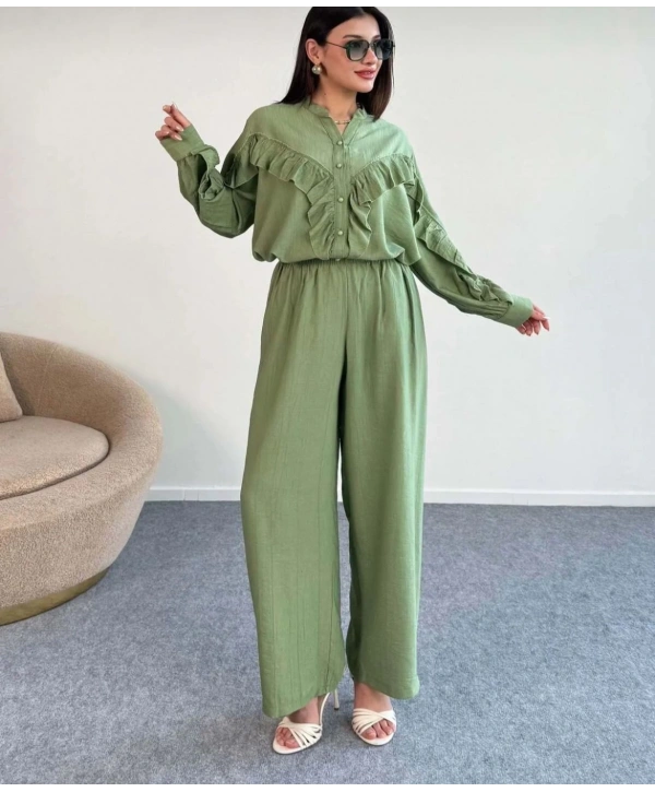 Fırfırlı İkili Pantolonlu Takım - Yeşil