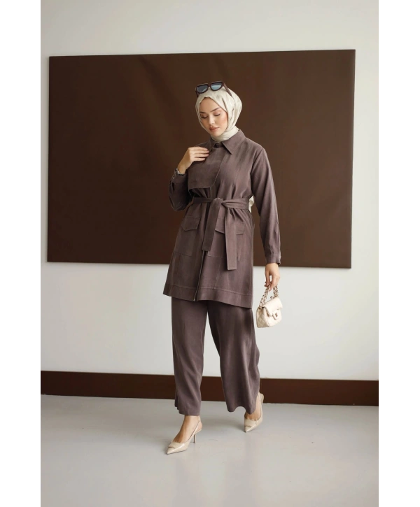 Meyra Kuşaklı Şık Takım - Kahverengi