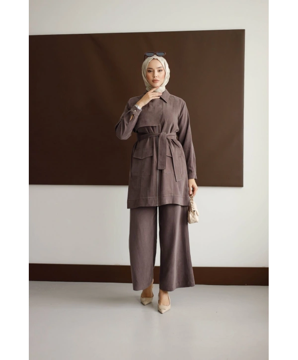 Meyra Kuşaklı Şık Takım - Kahverengi