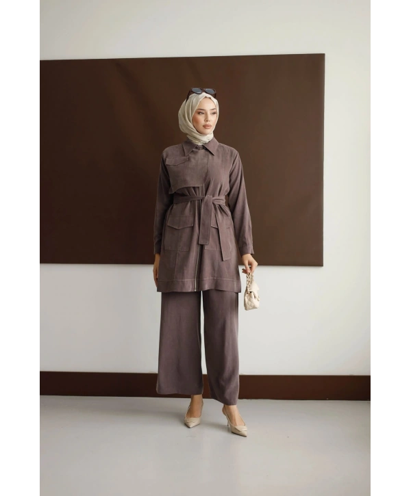 Meyra Kuşaklı Şık Takım - Kahverengi