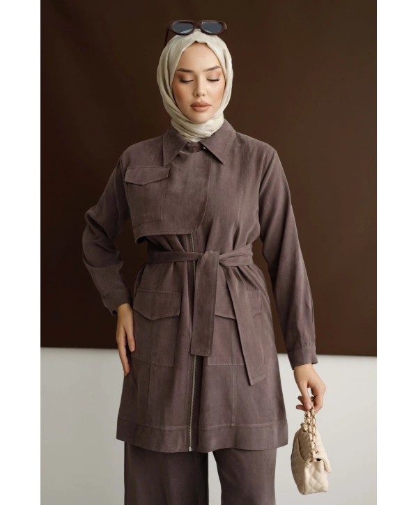 Meyra Kuşaklı Şık Takım - Kahverengi