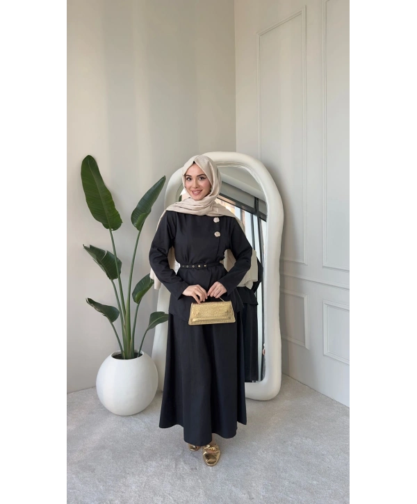 Nevra Çift Düğmeli Kemerli Etekli Takım - Siyah