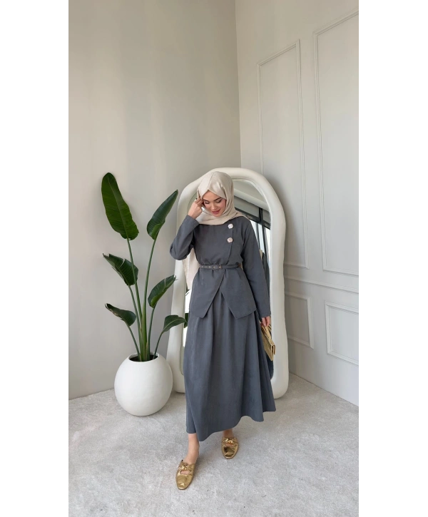 Nevra Çift Düğmeli Kemerli Etekli Takım - Gri