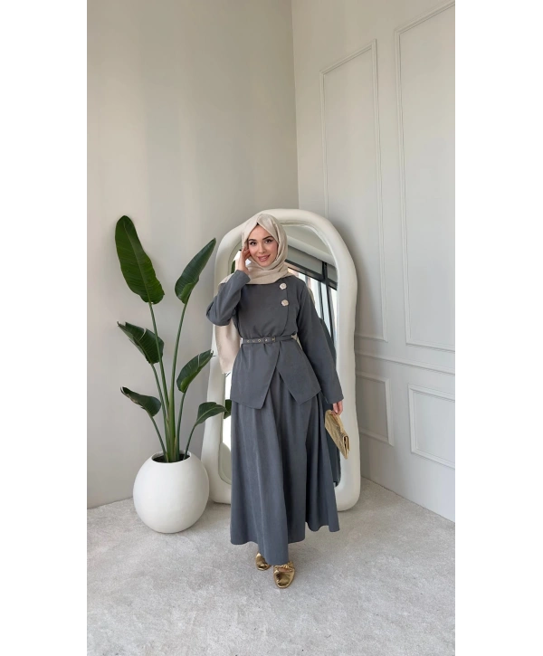 Nevra Çift Düğmeli Kemerli Etekli Takım - Gri