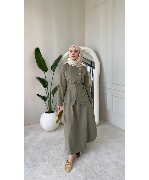 Nevra Çift Düğmeli Kemerli Etekli Takım - Yeşil