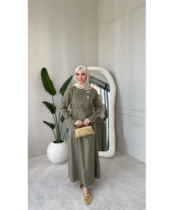 Nevra Çift Düğmeli Kemerli Etekli Takım - Yeşil