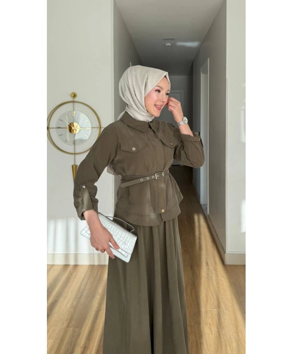 Ece Çıtçıt Kapaklı Fermuarlı Kemerli Etekli Takım - Yeşil