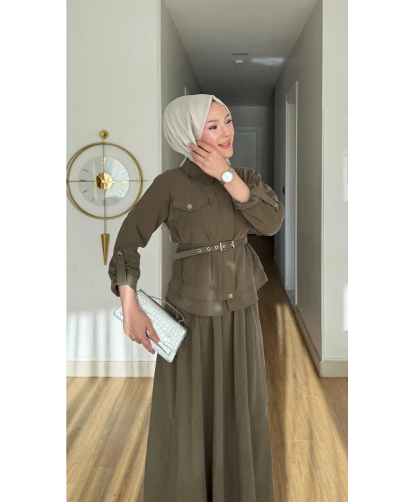 Ece Çıtçıt Kapaklı Fermuarlı Kemerli Etekli Takım - Yeşil