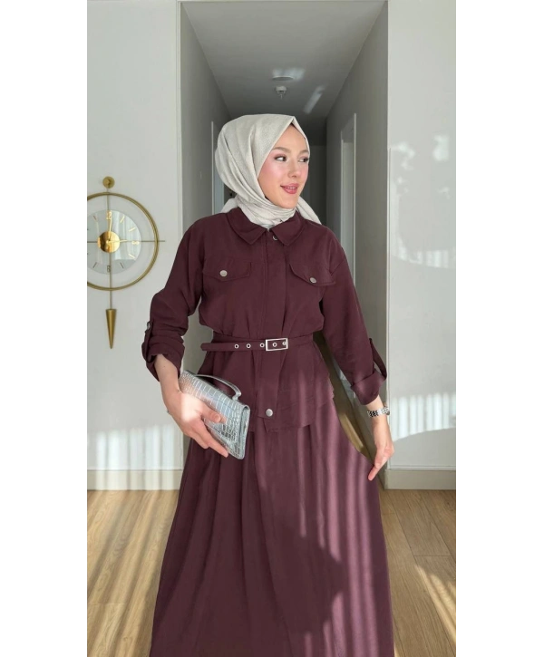 Ece Çıtçıt Kapaklı Fermuarlı Kemerli Etekli Takım - Bordo
