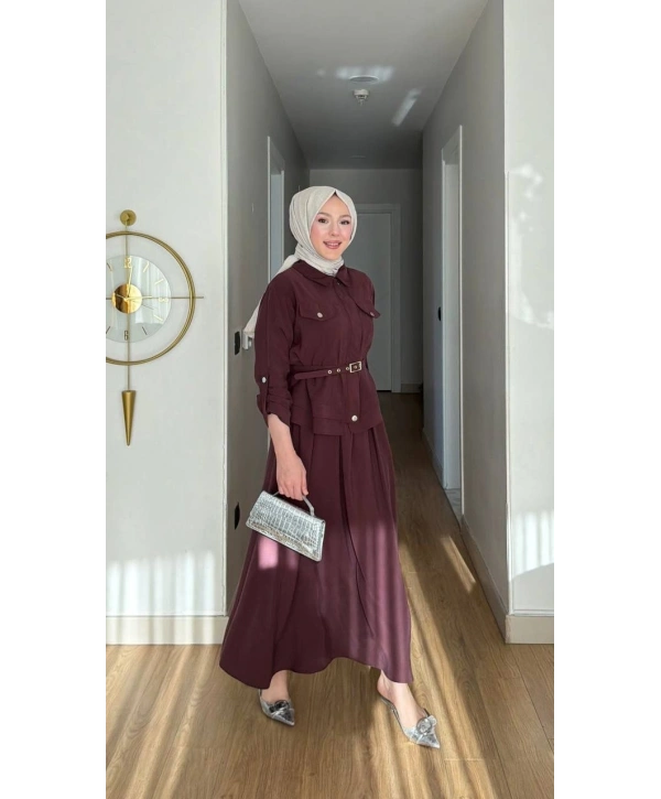 Ece Çıtçıt Kapaklı Fermuarlı Kemerli Etekli Takım - Bordo