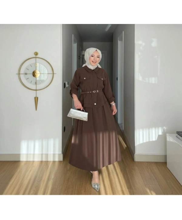 Ece Çıtçıt Kapaklı Fermuarlı Kemerli Etekli Takım - Kahverengi